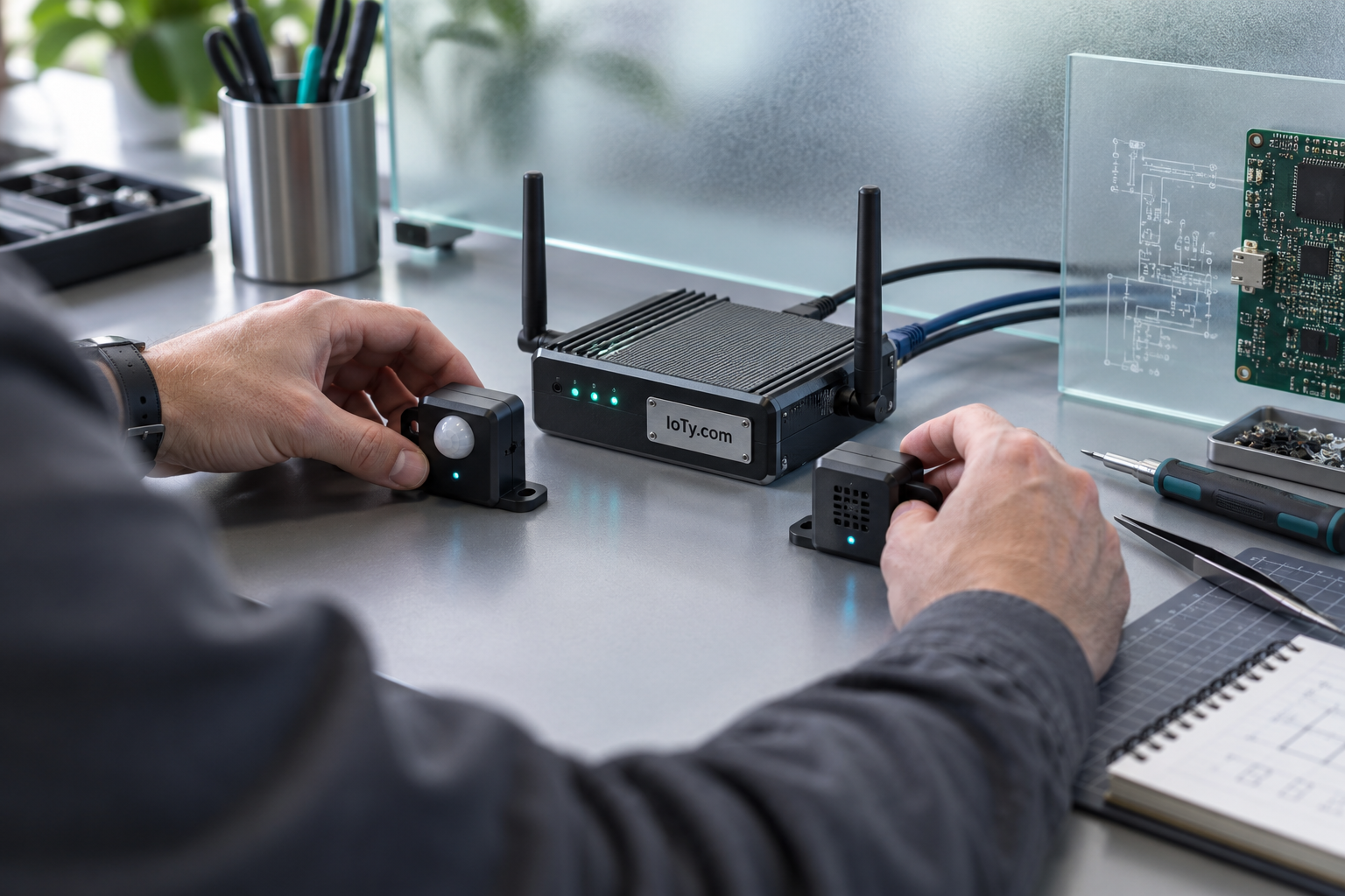 Connected hardware arranged across a clean product development bench