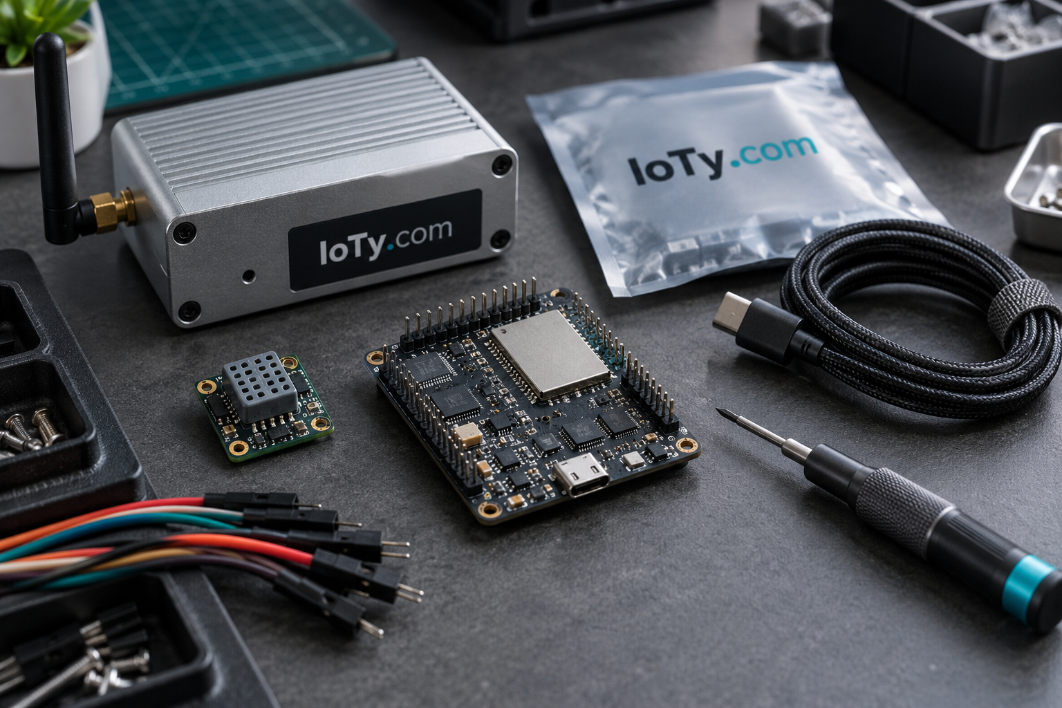 Development board and compact gateway tools on a graphite desk