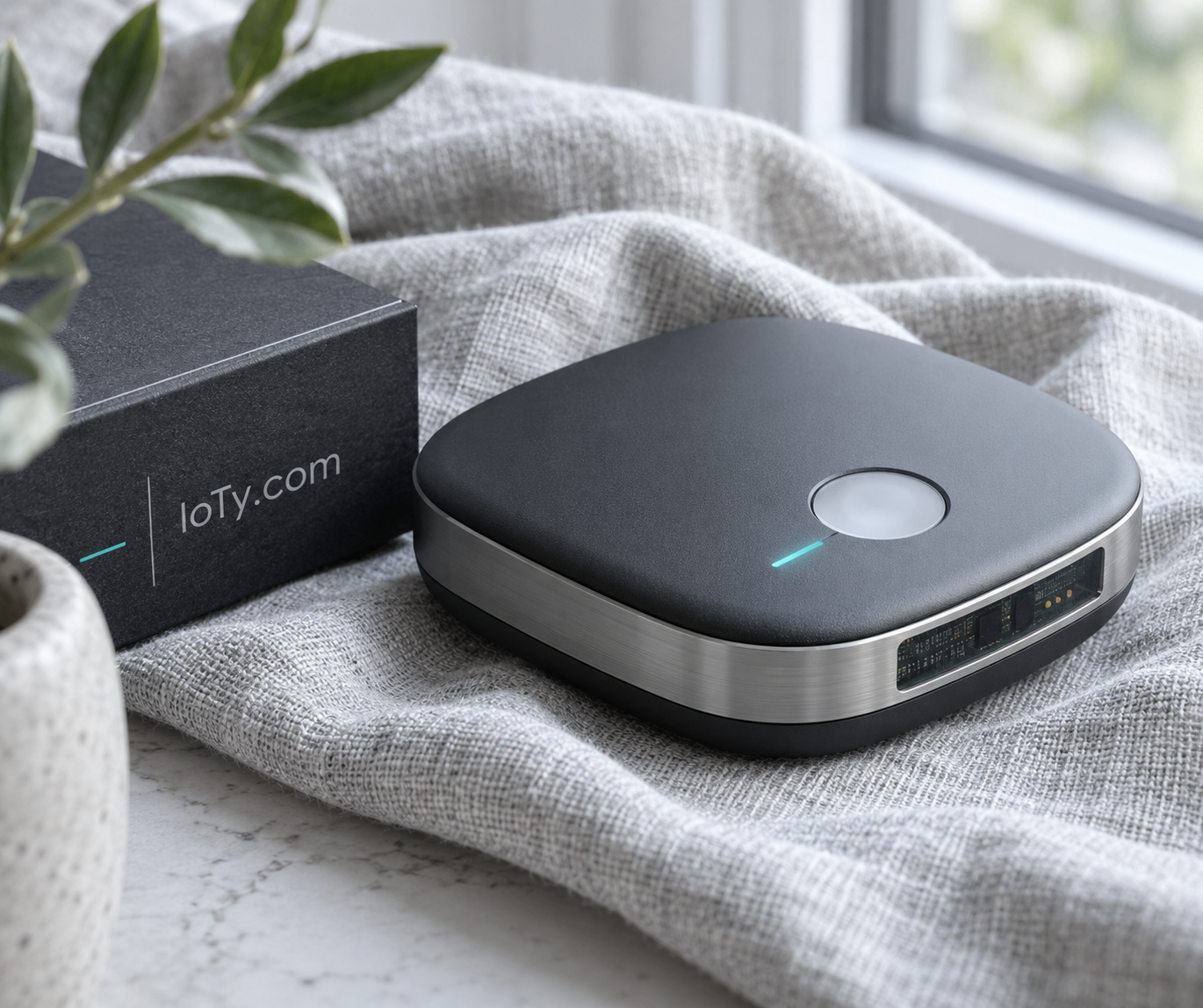 Compact home sensor and pale packaging in soft window light